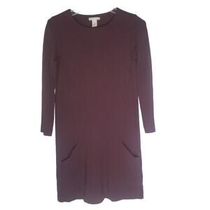 H&M Basic Wine Burgundy Long Sleeve Crewneck Pocket Shift Dress Size XS